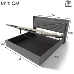 Redom Lit 160x200 cm coffre de rangement avec ports USB et Type C, tete geometrique tapissee lin coton, cadre metal Hot