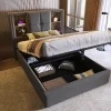 Redom Lit 90x200 cm coffre relevable, tête de lit tapissée coton gris avec charge sans fil et ports USB New