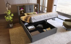 Redom Lit 90x200 cm coffre relevable, tête de lit tapissée coton gris avec charge sans fil et ports USB New