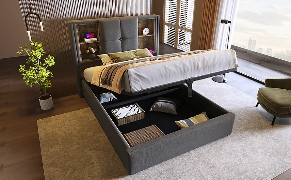 Redom Lit 90x200 cm coffre relevable, tête de lit tapissée coton gris avec charge sans fil et ports USB New