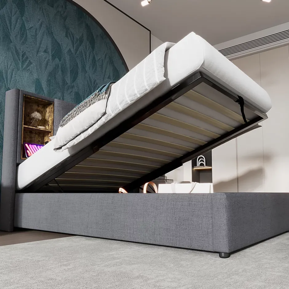 Redom Lit 90x200 cm coffre relevable, tête de lit tapissée coton gris avec charge sans fil et ports USB New