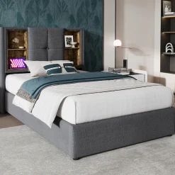 Redom Lit 90x200 cm coffre relevable, tête de lit tapissée coton gris avec charge sans fil et ports USB New