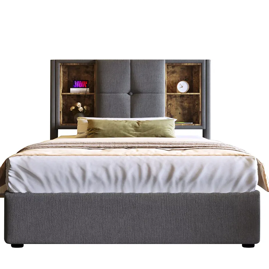 Redom Lit 90x200 cm coffre relevable, tête de lit tapissée coton gris avec charge sans fil et ports USB New