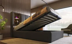 Redom Lit 90x200 cm coffre relevable, tête de lit tapissée coton gris avec charge sans fil et ports USB New