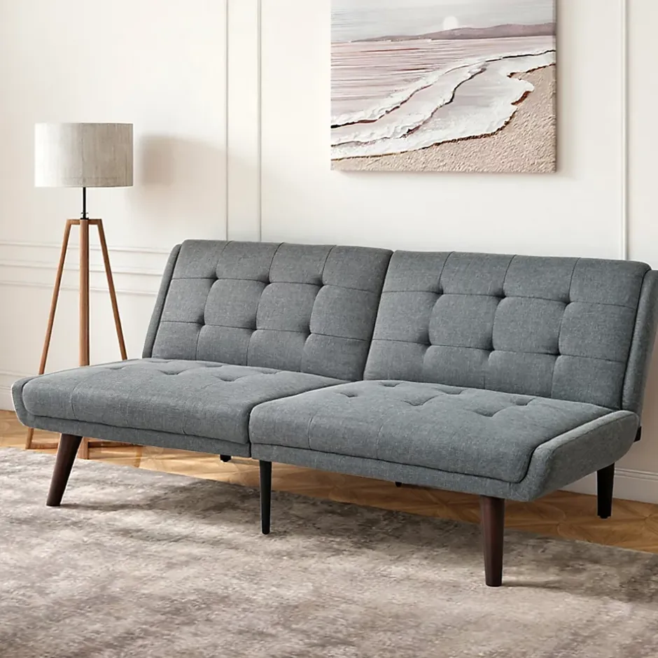 Redom Lit 146x89 cm convertible 3-en-1 en tissu lin gris, dossier 5 positions, cadre bois et renfort métal New