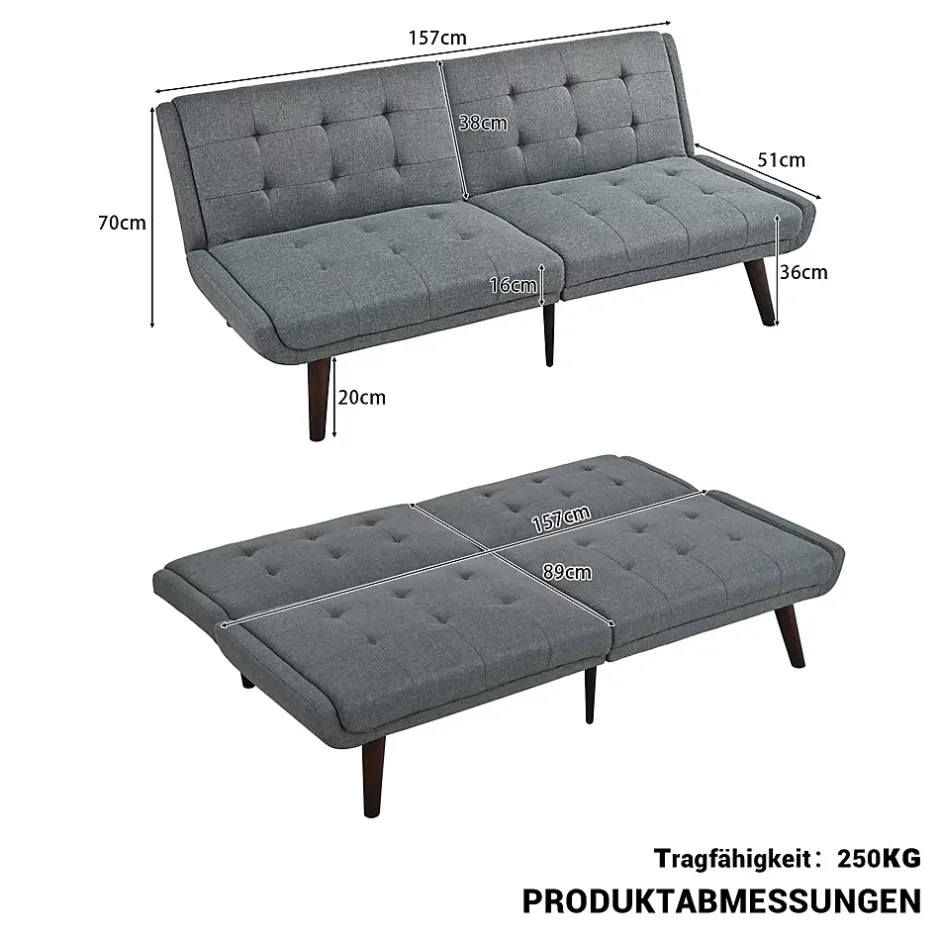 Redom Lit 146x89 cm convertible 3-en-1 en tissu lin gris, dossier 5 positions, cadre bois et renfort métal New
