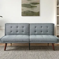 Redom Lit 146x89 cm convertible 3-en-1 en tissu lin gris, dossier 5 positions, cadre bois et renfort métal New