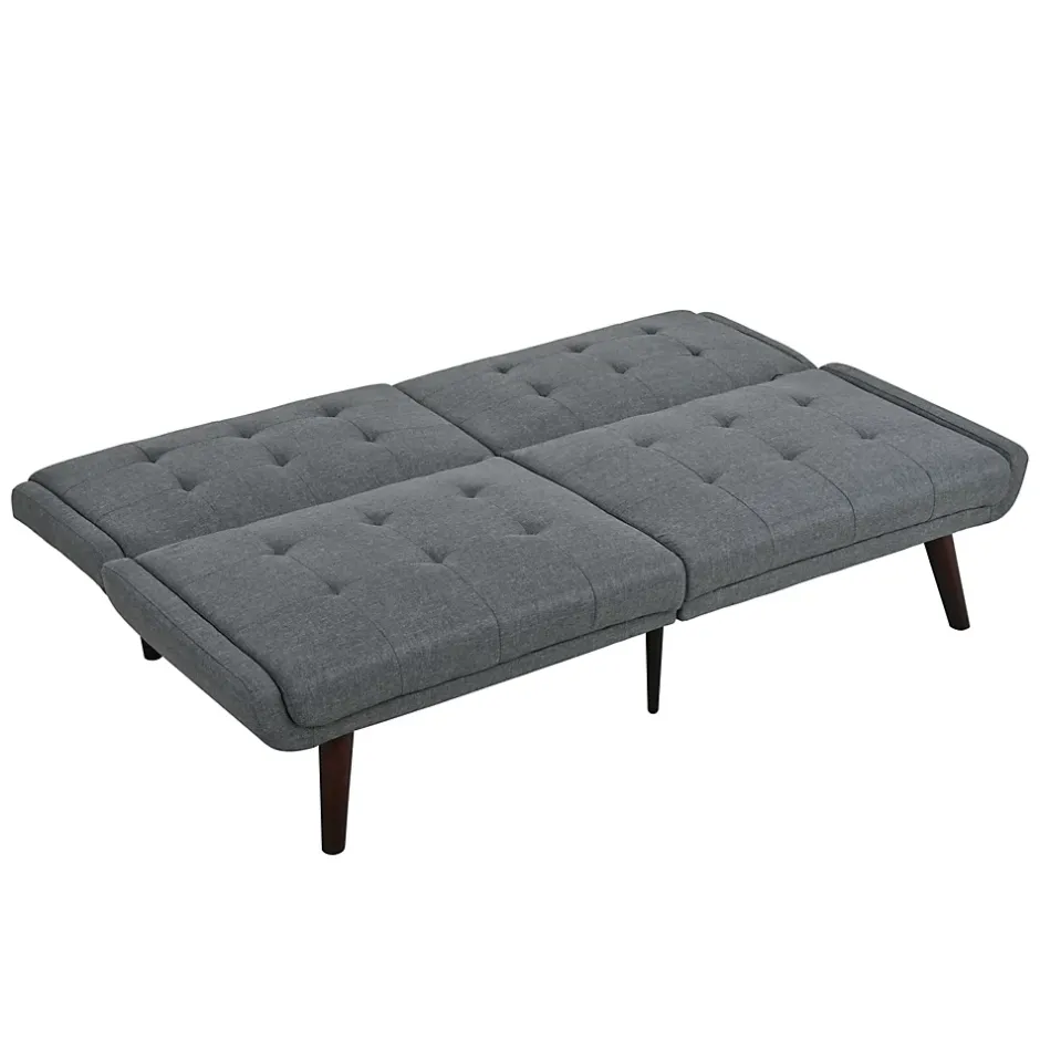 Redom Lit 146x89 cm convertible 3-en-1 en tissu lin gris, dossier 5 positions, cadre bois et renfort métal New