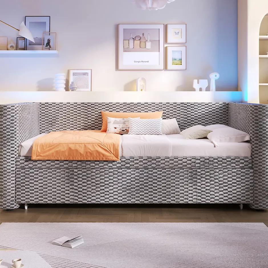 Redom Lit 90x200 cm convertible en 180x200 cm, tapissé velours gris avec LED multicolore et structure MDF Discount