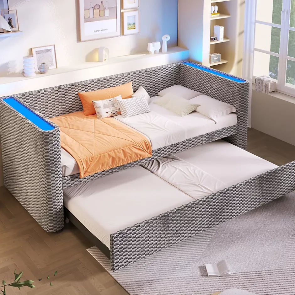 Redom Lit 90x200 cm convertible en 180x200 cm, tapissé velours gris avec LED multicolore et structure MDF Discount