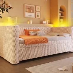 Redom Lit 90x200 cm convertible en 180x200 cm avec revêtement velours beige et bande LED contrôlée par application