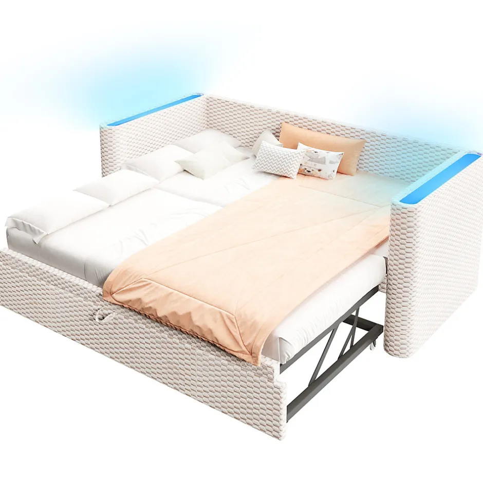 Redom Lit 90x200 cm convertible en 180x200 cm avec revêtement velours beige et bande LED contrôlée par application