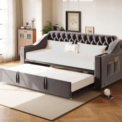 Redom Lit 90x190 cm convertible en 180x190 cm avec rangements intégrés, accoudoirs coffre et revêtement velours gris Discount