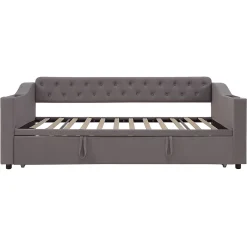 Redom Lit 90x190 cm convertible en 180x190 cm avec rangements intégrés, accoudoirs coffre et revêtement velours gris Discount