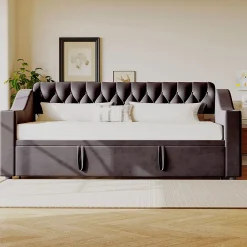Redom Lit 90x190 cm convertible en 180x190 cm avec rangements intégrés, accoudoirs coffre et revêtement velours gris Discount