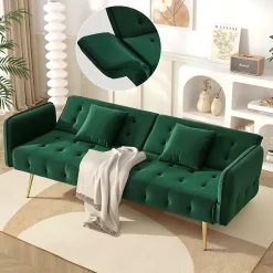Redom Lit 215x81,5 cm convertible velours, dossiers et accoudoirs multipositions, pieds métal doré, style moderne Online