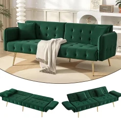 Redom Lit 215x81,5 cm convertible velours, dossiers et accoudoirs multipositions, pieds métal doré, style moderne Online