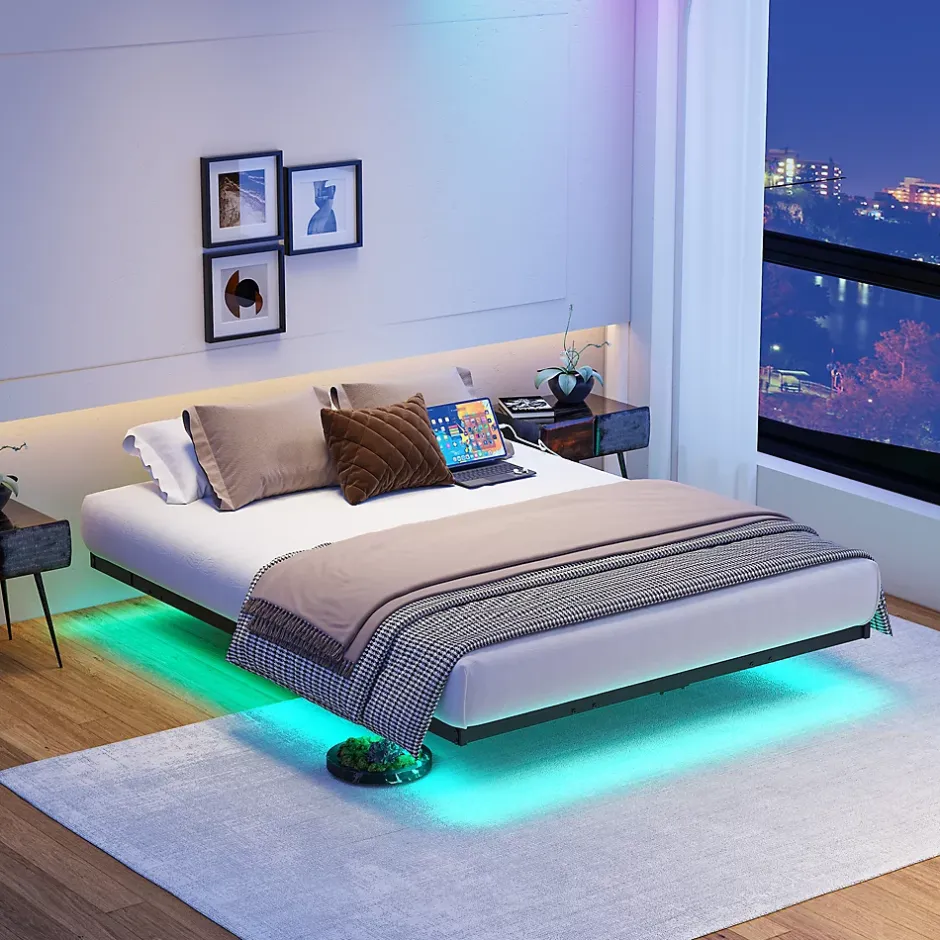 Redom Lit 120x200 cm effet flottant avec éclairage LED et station de charge intégrée, finition noir Hot