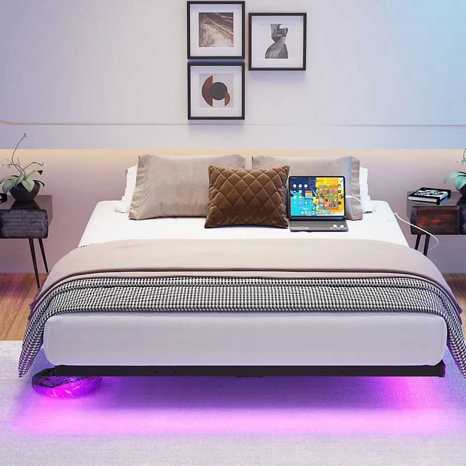 Redom Lit 120x200 cm effet flottant avec éclairage LED et station de charge intégrée, finition noir Hot