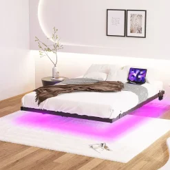 Redom Lit 120x200 cm effet flottant avec éclairage LED et station de charge intégrée, finition noir Hot