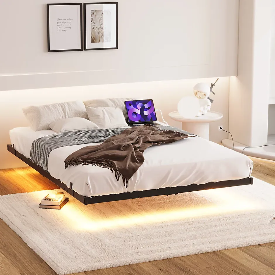 Redom Lit 120x200 cm effet flottant avec éclairage LED et station de charge intégrée, finition noir Hot