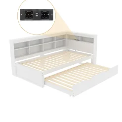 Redom Lit 140x200 cm en bois massif blanc avec rangement intégré et prise USB, design contemporain Online