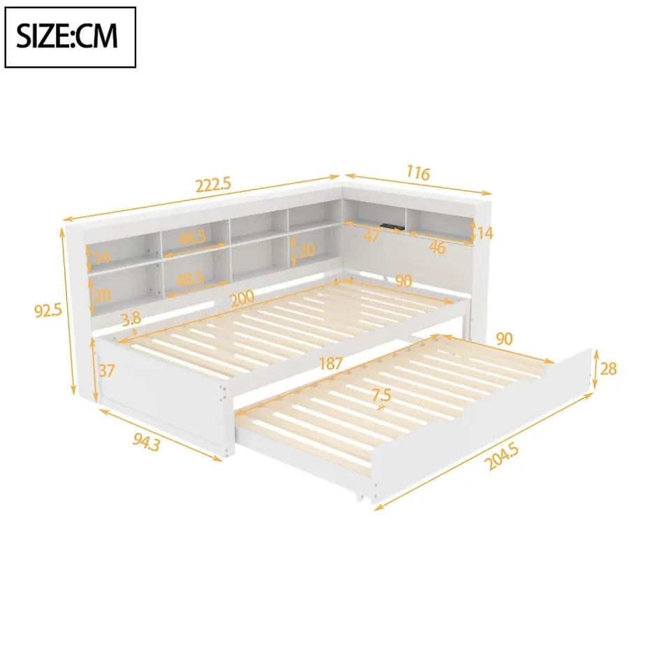 Redom Lit 140x200 cm en bois massif blanc avec rangement intégré et prise USB, design contemporain Online