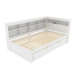 Redom Lit 140x200 cm en bois massif blanc avec rangement intégré et prise USB, design contemporain Online