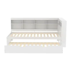 Redom Lit 140x200 cm en bois massif blanc avec rangement intégré et prise USB, design contemporain Online