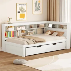 Redom Lit 140x200 cm en bois massif blanc avec rangement intégré et prise USB, design contemporain Online