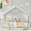 Enfant Redom Lit 90x200 cm en bois massif blanc, forme maison avec cheminée, barrières anti-chute 4 côtés et lattes rigides