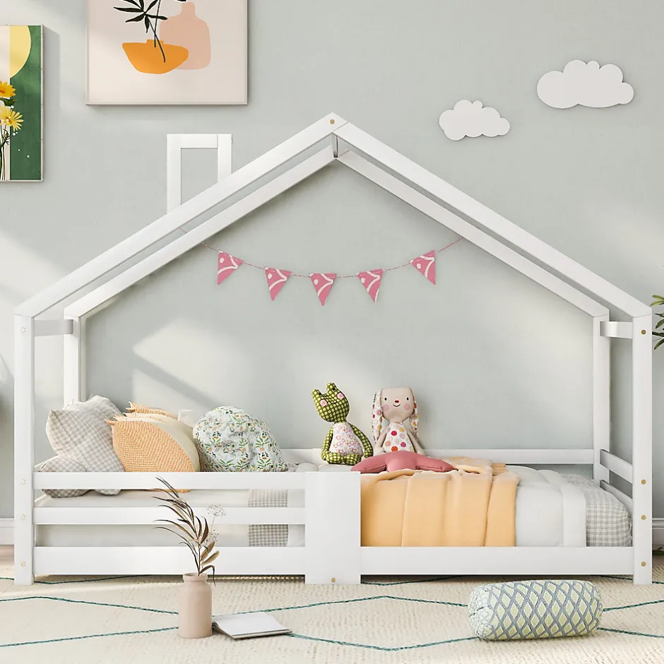 Enfant Redom Lit 90x200 cm en bois massif blanc, forme maison avec cheminée, barrières anti-chute 4 côtés et lattes rigides