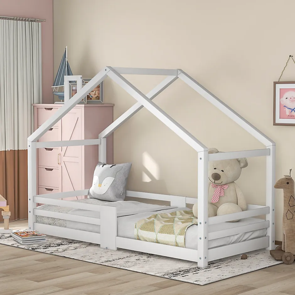 Enfant Redom Lit 90x200 cm en bois massif blanc, forme maison avec cheminée, barrières anti-chute 4 côtés et lattes rigides
