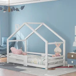 Enfant Redom Lit 90x200 cm en bois massif blanc, forme maison avec cheminée, barrières anti-chute 4 côtés et lattes rigides