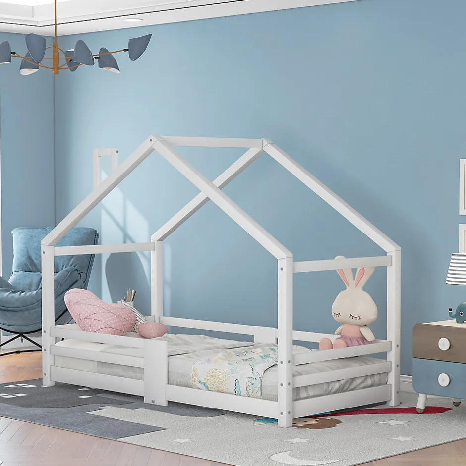 Enfant Redom Lit 90x200 cm en bois massif blanc, forme maison avec cheminée, barrières anti-chute 4 côtés et lattes rigides
