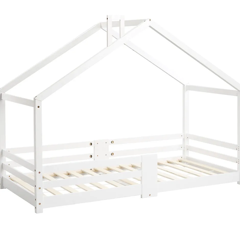Enfant Redom Lit 90x200 cm en bois massif blanc, forme maison avec cheminée, barrières anti-chute 4 côtés et lattes rigides