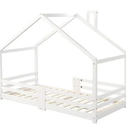 Enfant Redom Lit 90x200 cm en bois massif blanc, forme maison avec cheminée, barrières anti-chute 4 côtés et lattes rigides