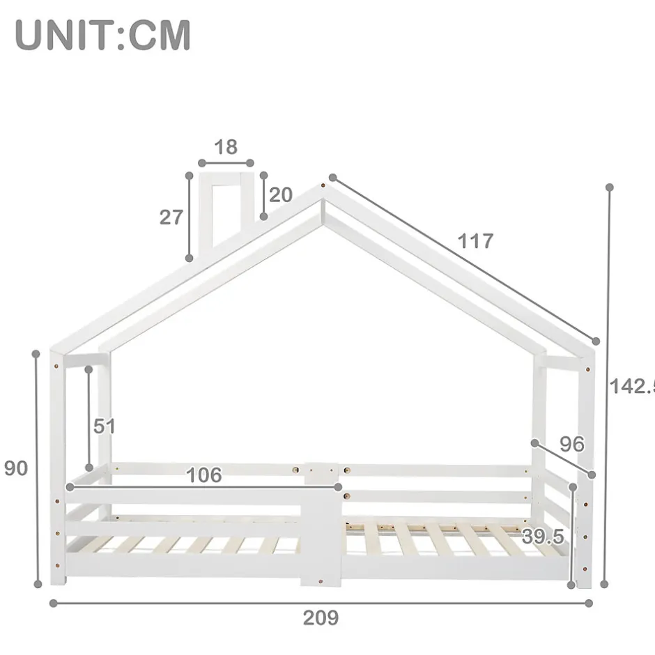 Enfant Redom Lit 90x200 cm en bois massif blanc, forme maison avec cheminée, barrières anti-chute 4 côtés et lattes rigides