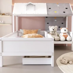 Redom Lit 90x200 cm en bois massif forme maison avec rangement intégré et tiroirs, coloris blanc Best