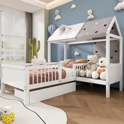 Redom Lit 90x200 cm en bois massif forme maison avec rangement intégré et tiroirs, coloris blanc Best