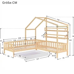 Redom Lit 90x200 cm en bois massif façon maisonnette, structure en L avec tiroirs et étagères, finition naturel Hot