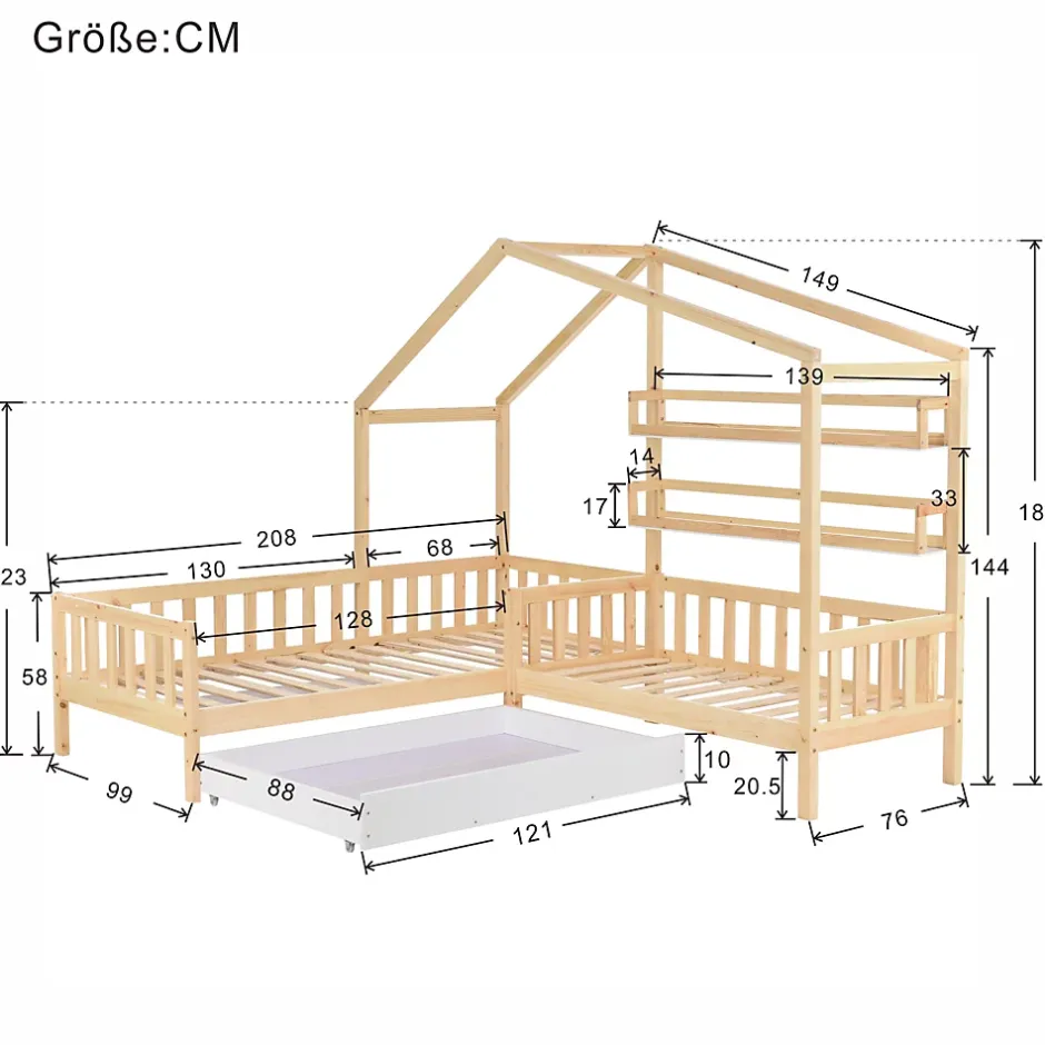 Redom Lit 90x200 cm en bois massif façon maisonnette, structure en L avec tiroirs et étagères, finition naturel Hot