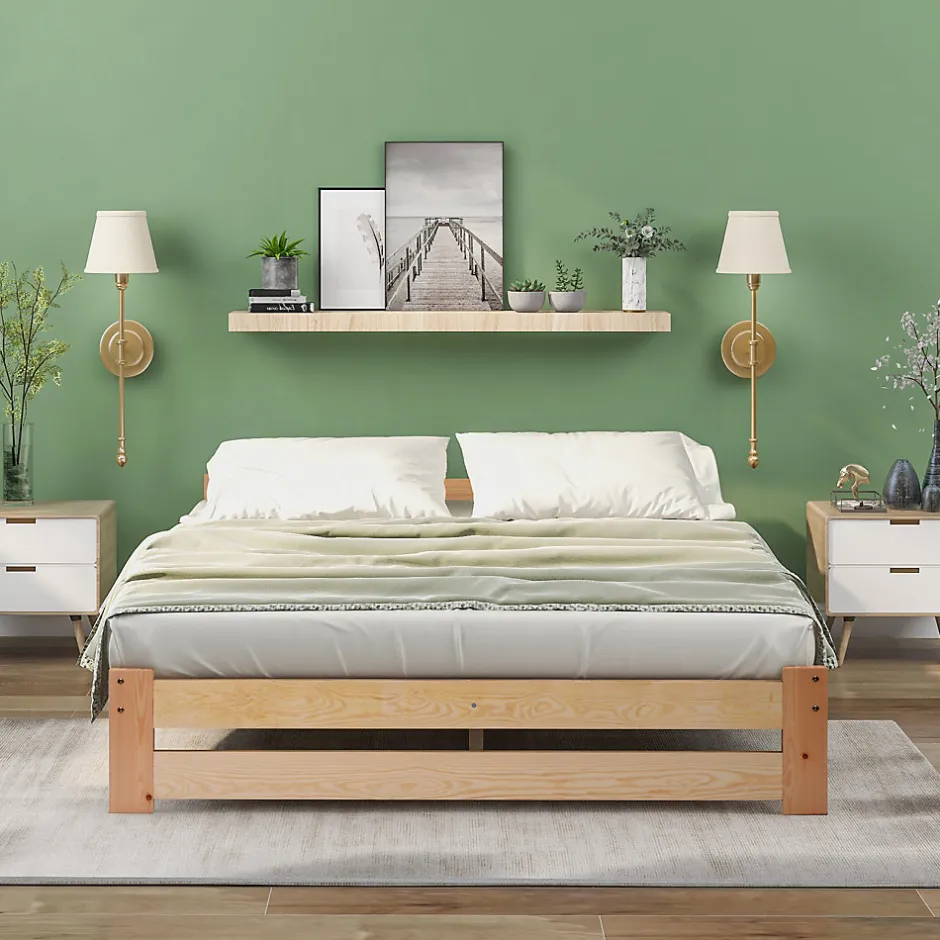 Redom Lit 140x200 cm en bois massif naturel avec tête de lit, design épuré et finition personnalisable