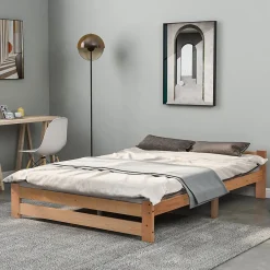 Redom Lit 140x200 cm en bois massif naturel avec tête de lit, design épuré et finition personnalisable