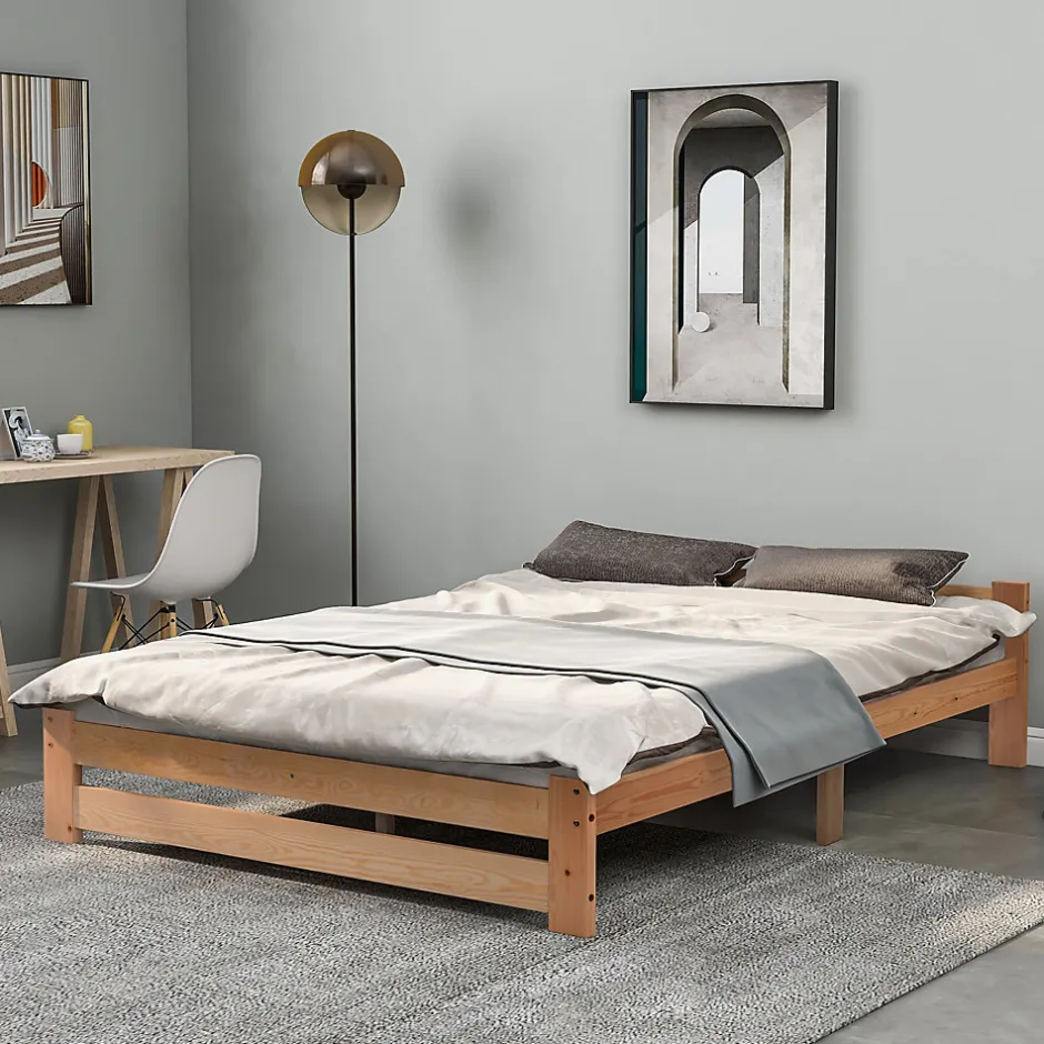 Redom Lit 140x200 cm en bois massif naturel avec tête de lit, design épuré et finition personnalisable