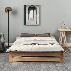 Redom Lit 140x200 cm en bois massif naturel avec tête de lit, design épuré et finition personnalisable