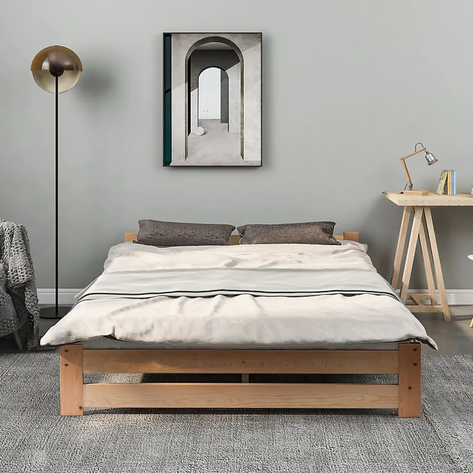 Redom Lit 140x200 cm en bois massif naturel avec tête de lit, design épuré et finition personnalisable