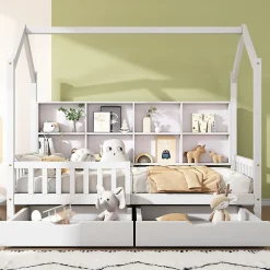 Enfant Redom Lit 90x200 cm en bois massif style scandinave en forme de maison avec 2 tiroirs de rangement blanc