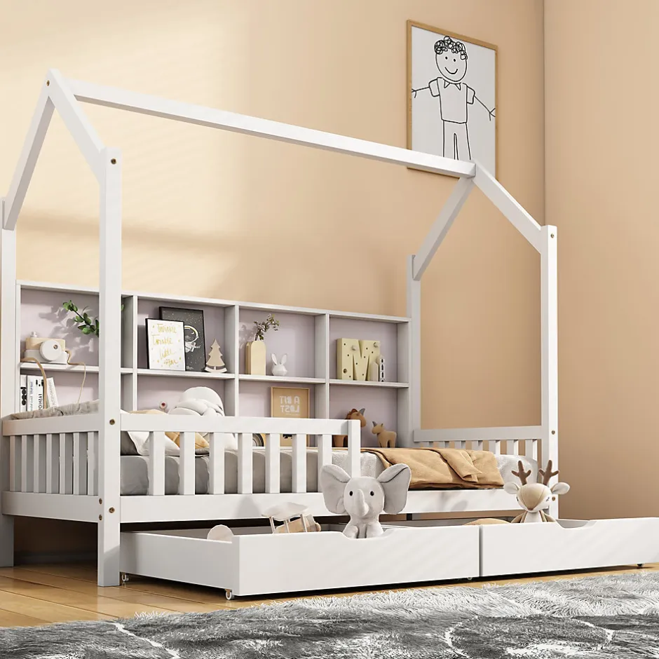 Enfant Redom Lit 90x200 cm en bois massif style scandinave en forme de maison avec 2 tiroirs de rangement blanc