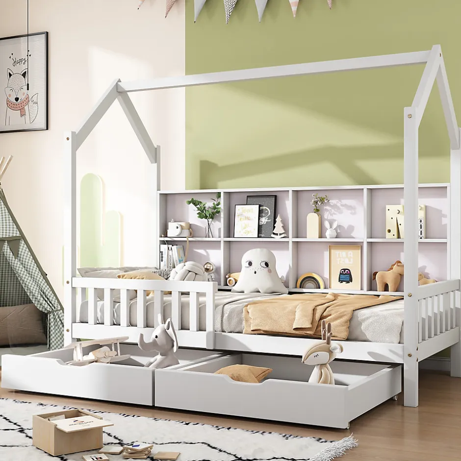Enfant Redom Lit 90x200 cm en bois massif style scandinave en forme de maison avec 2 tiroirs de rangement blanc